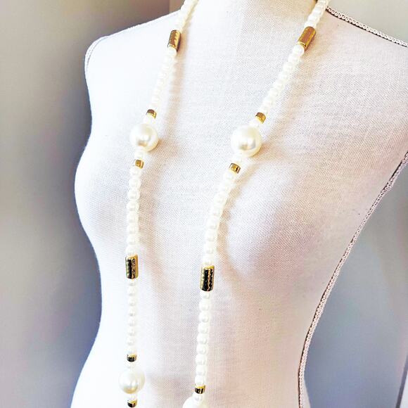 Chico’s Long Faux Pearl & Gold Necklace - Picture 7 of 10